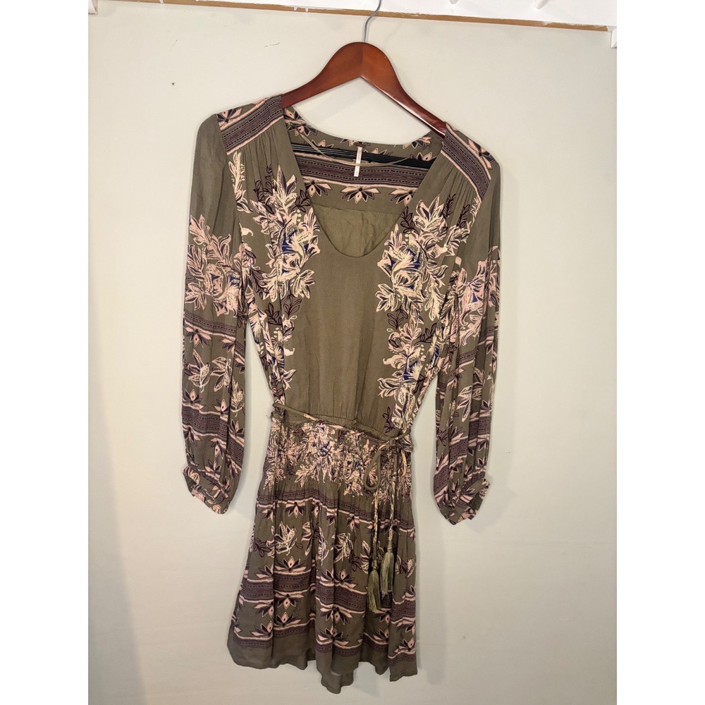 Free People Smocked Floral Mini Dress Boho Cottagecore Long Sleeve XS